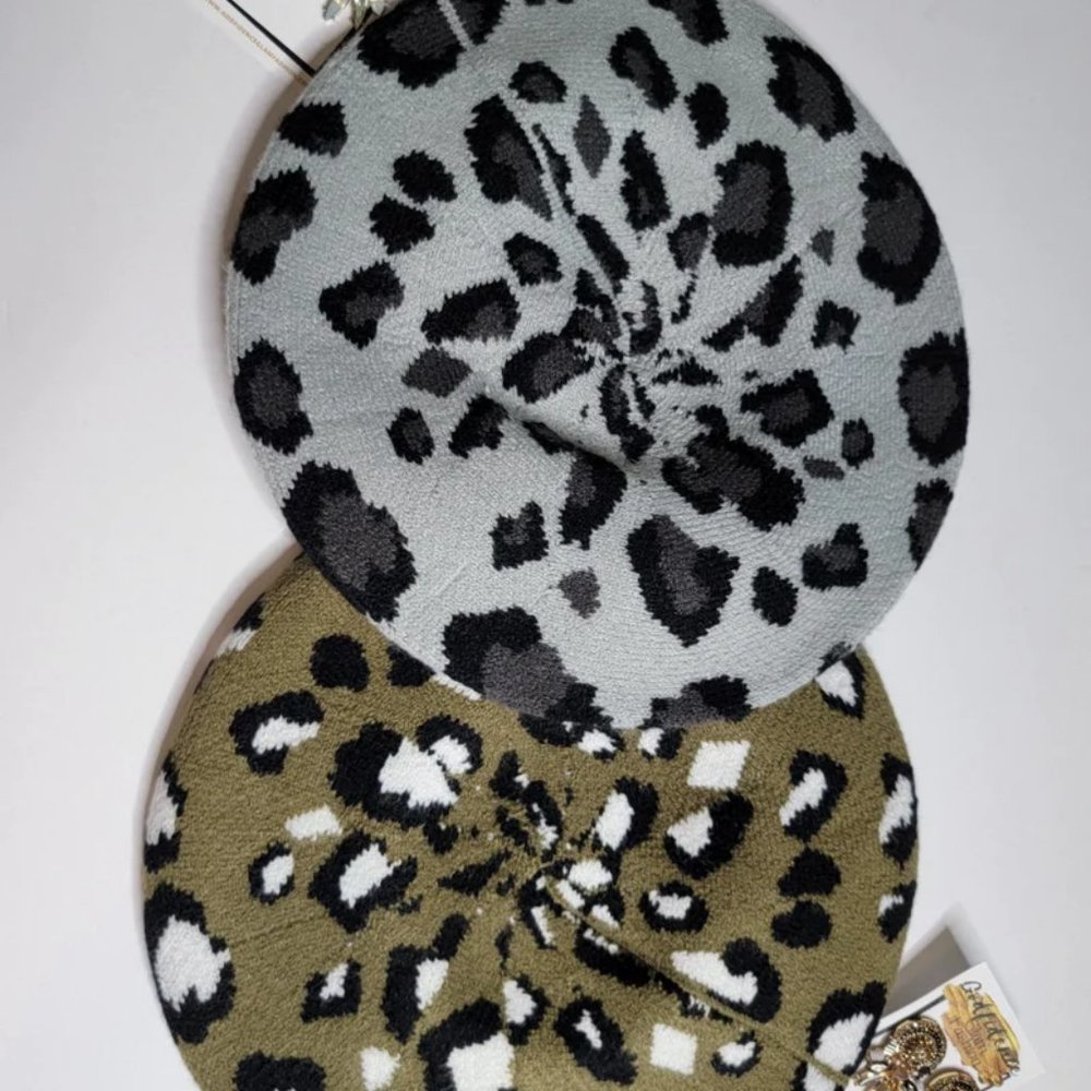 OLIVE GREEN AND WHITE LEOPARD PRINT BERET - Picture 2 of 7